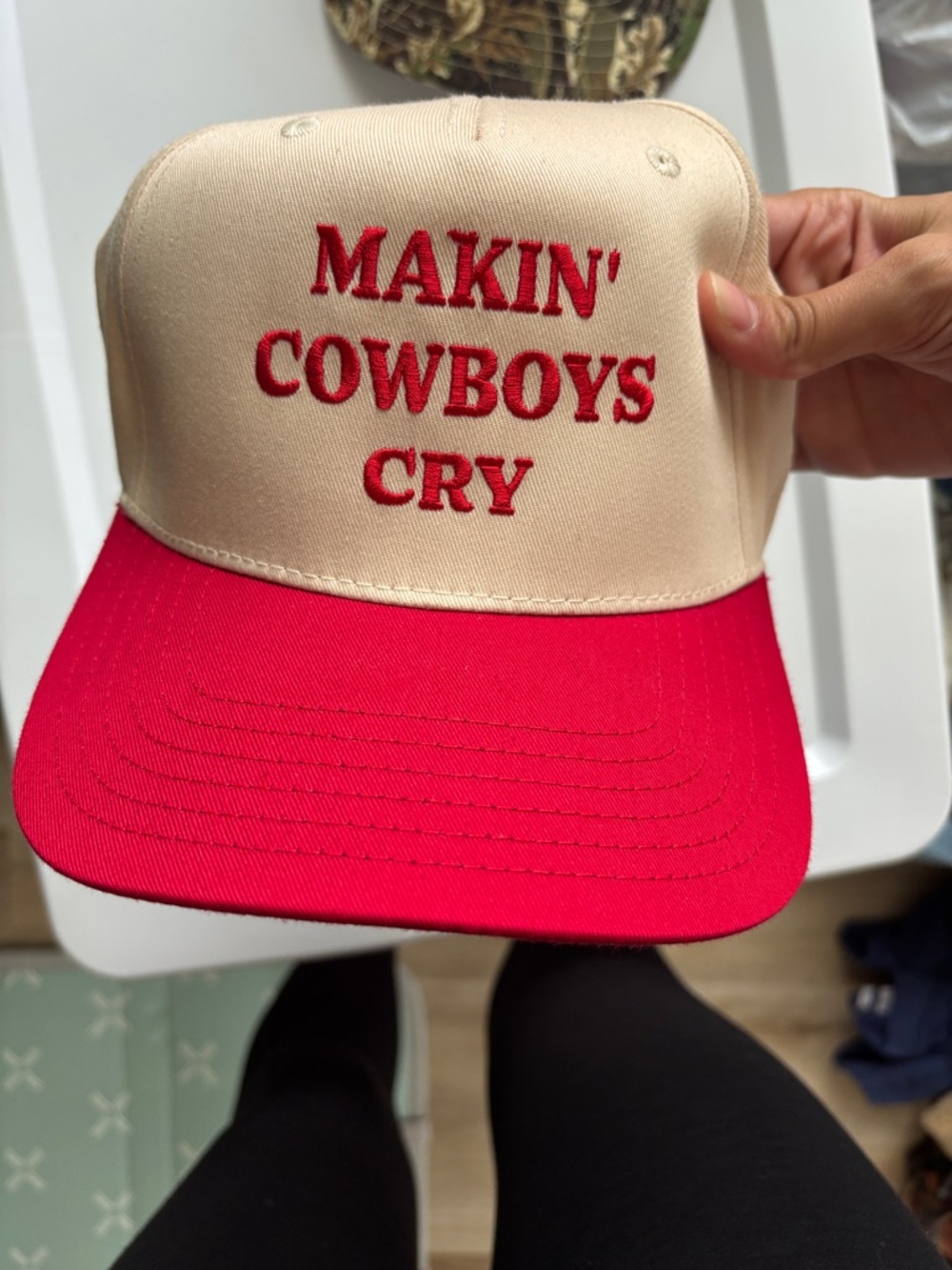 OTTO Two-Tone Beige and Red Trucker Hat - "MAKIN' COWBOYS CRY"
